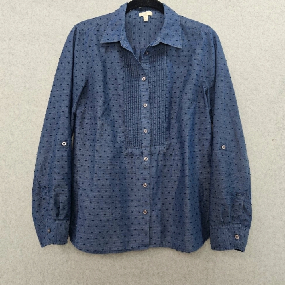 Talbots Tuxedo Pleat Shirt‎ Blouse Dark Blue Chambray w/Navy Swiss Dots Size S